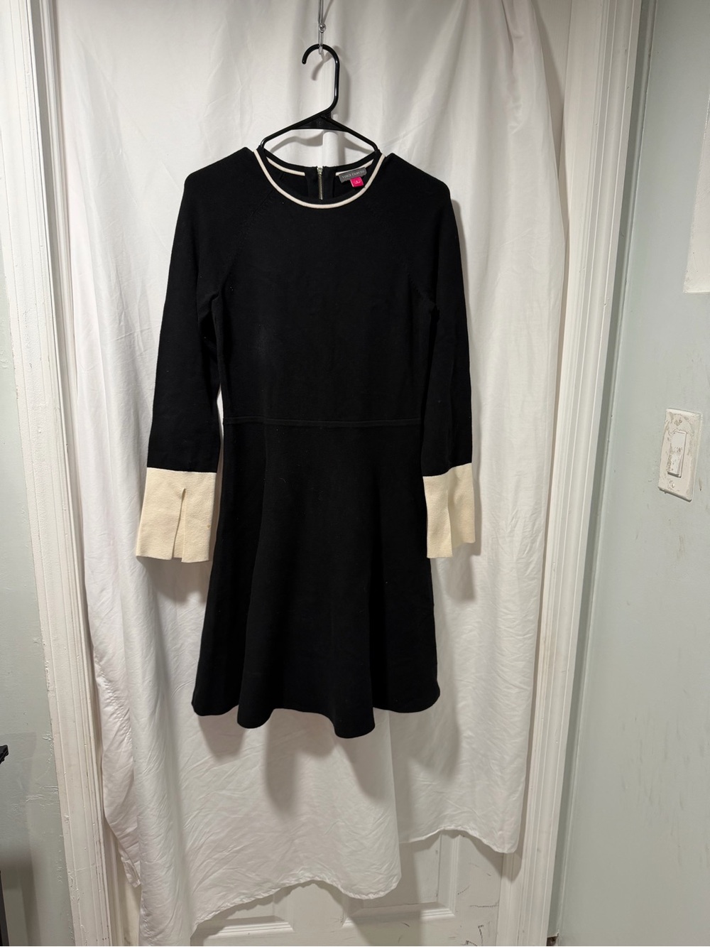 Vince Camuto Black Knit Top with Cream Neckline Trim
